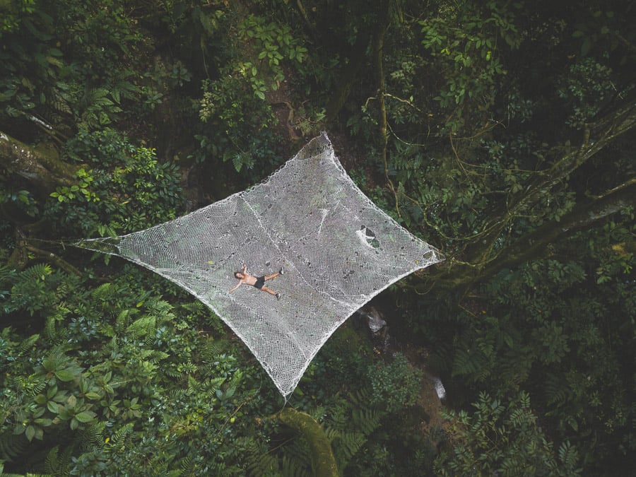 a spider web hanging from the side of a tree.