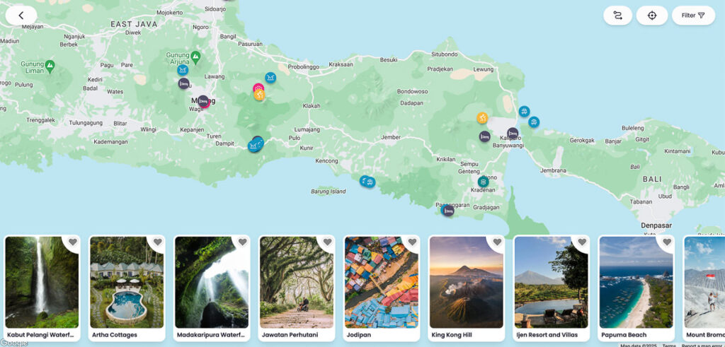 Discover the captivating map of East Java, Indonesia, adorned with markers highlighting stunning waterfalls, beaches, and popular tourist sites. Thumbnails of these attractions are conveniently displayed at the bottom for easy exploration and planning.