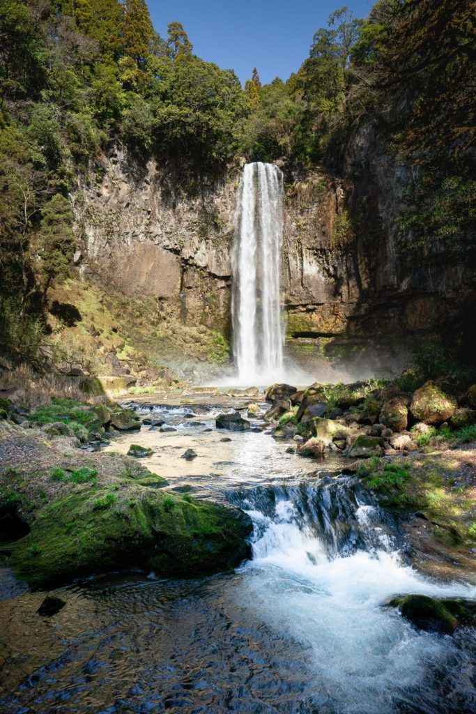 a waterfall in the middle of a lush green forest.