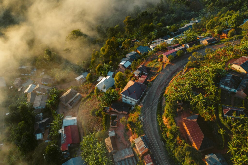 an aerial view of a small town surrounded by trees