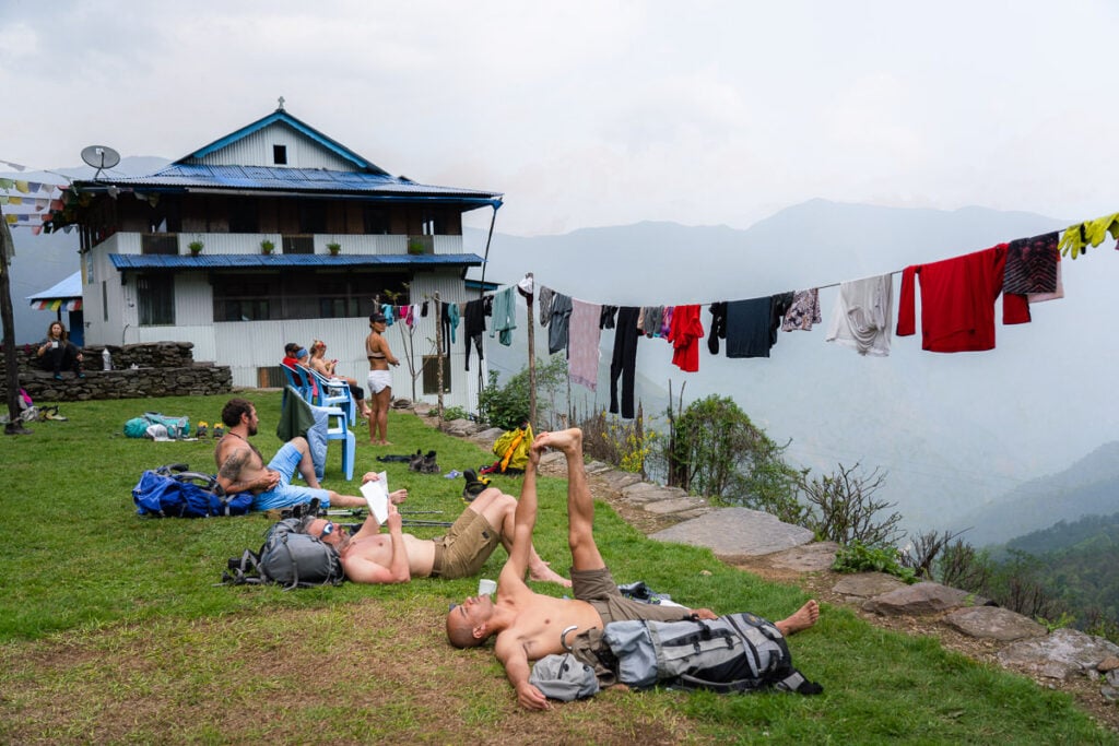 a couple of people laying on top of a lush green hillside
