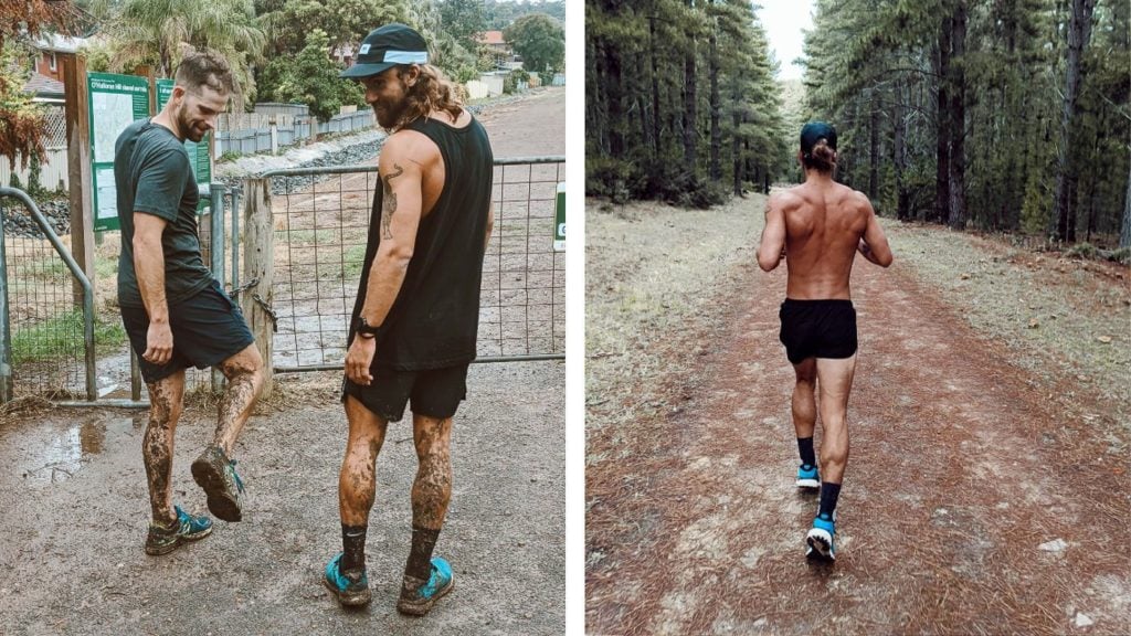 a man walking down a dirt road next to another man riding a skateboard.