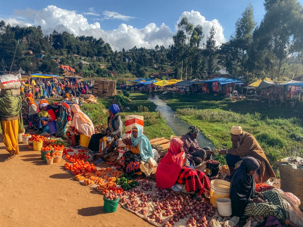 a group of people sitting on the ground next to a river