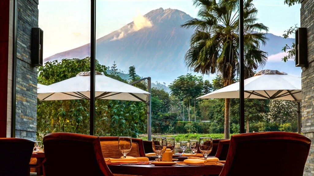 a view of a mountain through a window