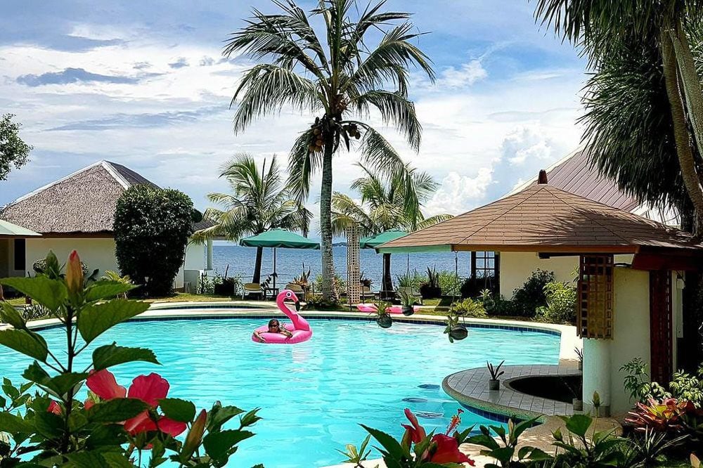a pool with a flamingo in the middle of it.