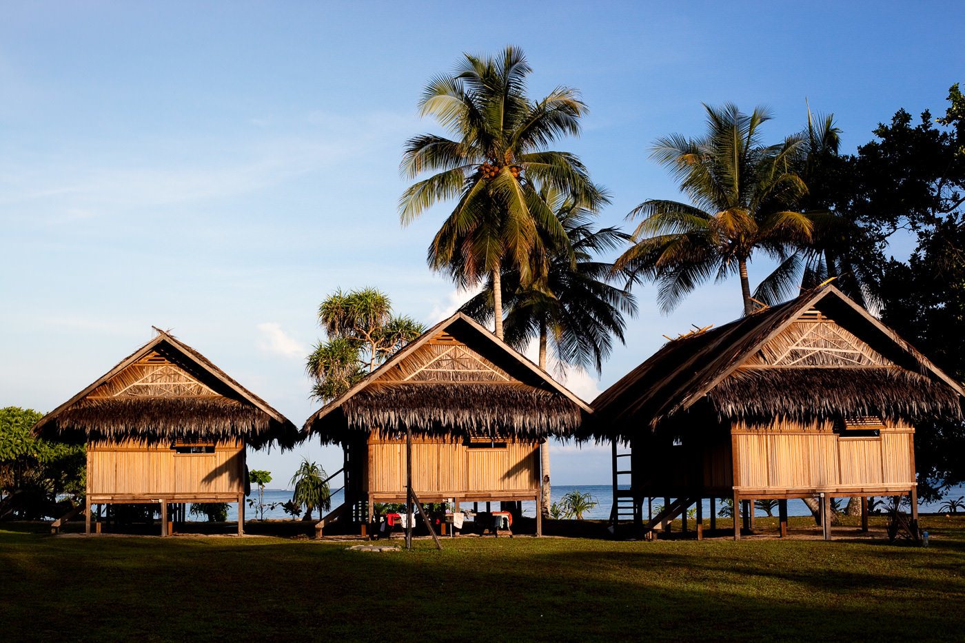 a group of huts sitting on top of a lush green field.
